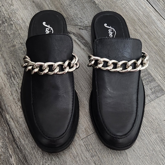 Free People‎ Vida Black Leather Silver Chain Mules - Picture 2 of 11
